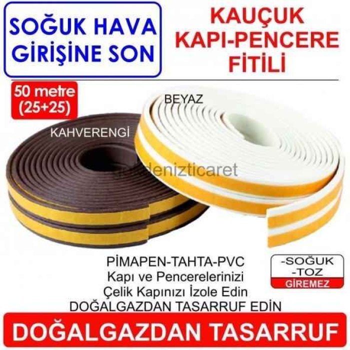 KAUÇUK Kapı Pencere Fitili Bandı 50m-Soğuk Hava Giren Yerleri İzole Edin DOĞALGAZ DAN TASARRUF EDİN