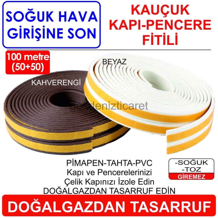 KAUÇUK Kapı Pencere Fitili Bandı 100m-Soğuk Hava Giren Yerleri İzole Edin DOĞALGAZ DAN TASARRUF EDİN