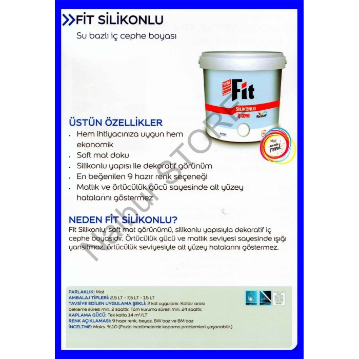 MARSHALL Fit Silikonlu İç Cephe Duvar Boyası 7.5LT=10KG-Kokusuz-Kolay Uygulanr-Damlatma Yapmaz