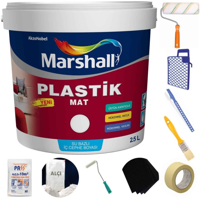 MARSHALL PLASTİK MAT Su Bazlı İç Duvar Boyası 2.5LT=4KG-Silinebilir-Mükemmel Kapatır+9 Parça Set