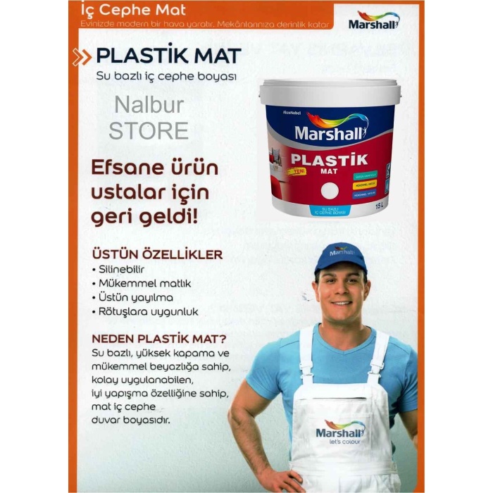 MARSHALL PLASTİK MAT Su Bazlı İç Duvar Boyası 2.5LT=4KG-Silinebilir-Mükemmel Kapatır+9 Parça Set