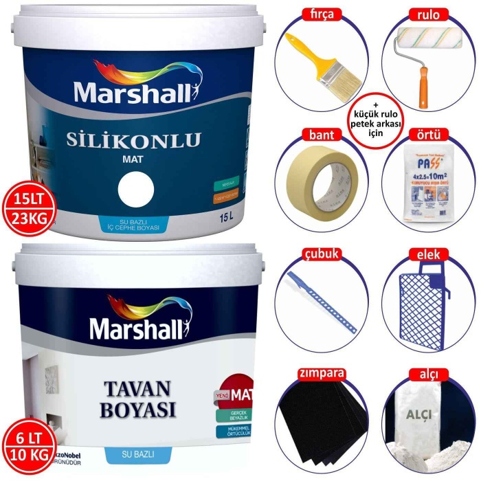 MARSHALL SİLİKONLU MAT Silinebilir İç Cephe Boyası 15LT/23KG+Tavan Boyası 6LT/10KG+Boyama Seti