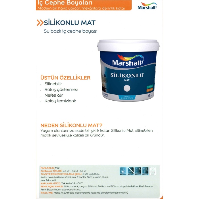 MARSHALL SİLİKONLU MAT Silinebilir İç Cephe Boyası 15LT/23KG+Tavan Boyası 6LT/10KG+Boyama Seti