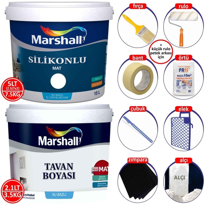 MARSHALL SİLİKONLU MAT Silinebilir İç Cephe Boyası 5LT/7.5KG+Tavan Boyası 2.1LT/3.5KG+Boyama Seti