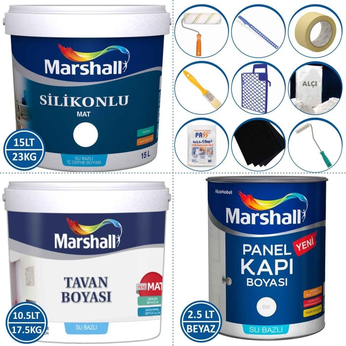 MARSHALL SİLİKONLU MAT Silinebilir İç Cephe Boyası 23KG+Tavan Boya 17.5KG+Panel Kapı Boya 2.5LT+Set