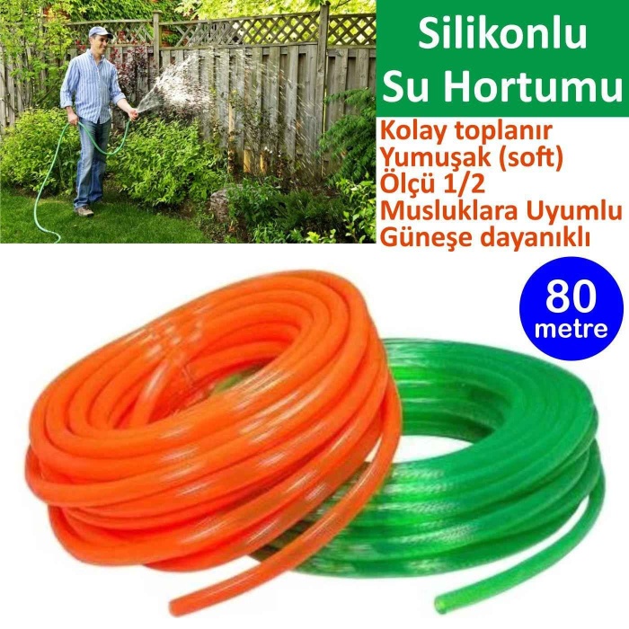 Silikonlu Bahçe Hortumu-80 Metre-Kırılmaz-Kolay Katlanır-Dayanıklı-Tüm Musluklara Uyumlu-Yumuşak