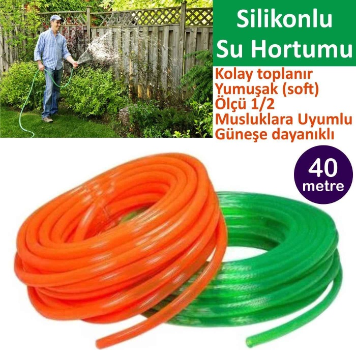 Silikonlu Bahçe Hortumu-40 Metre-Kırılmaz-Kolay Katlanır-Dayanıklı-Tüm Musluklara Uyumlu-Yumuşak