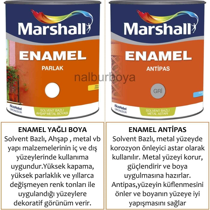 MARSHALL ENAMEL YAĞLI BOYA 2.5LT/3,5Kg+ANTİPAS 2.5LT/3.5KG-Demir yüzeyler için hem koruma hem boyama