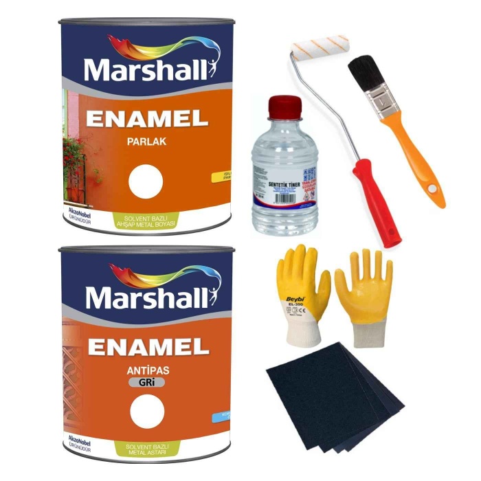 MARSHALL ENAMEL YAĞLI BOYA 3,5Kg+ANTİPAS 3.5KG+5 Parça Boyama Seti-Demir yüzeyler için koruma-boyama