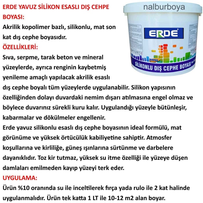 ERDE Yavuz Silikonlu Dış Cephe Boyası 20KG-Yüksek örtücülük-Kabarma dökülme yapmaz-Toz kir tutmaz