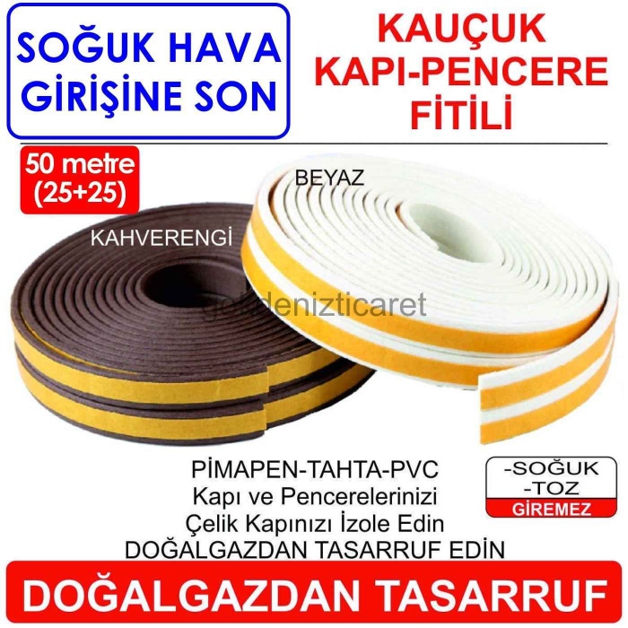 KAUÇUK Kapı Pencere Fitili Beyaz 50m-Soğuk Hava Giren Yerleri İzole Edin DOĞALGAZ DAN TASARRUF EDİN