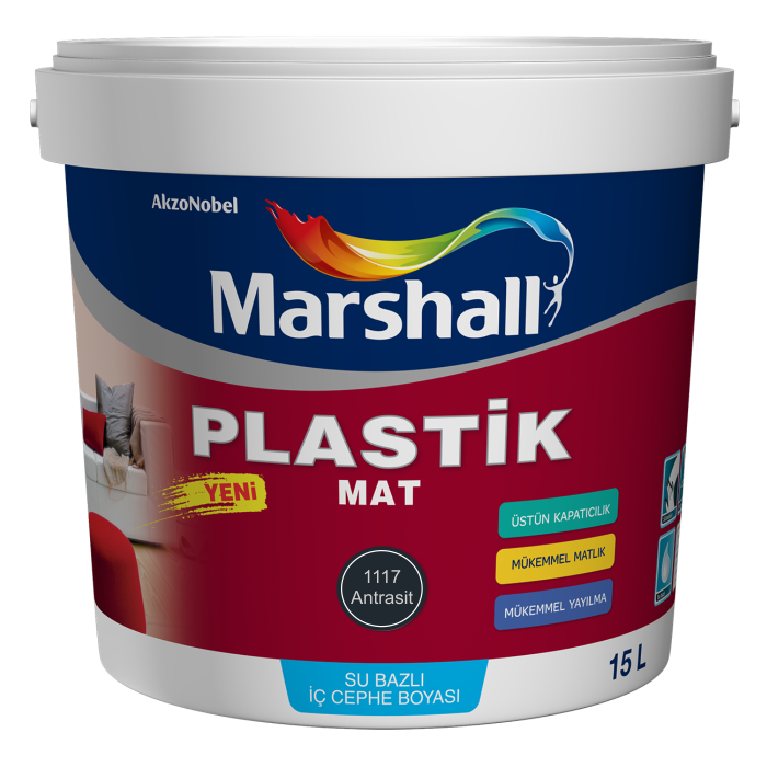 MARSHALL PLASTİK MAT ANTRASİT GRİ Su Bazlı İç Duvar Boyası 2.5LT=4KG-Silinebilir-Uygulaması Kolay