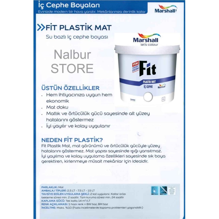 MARSHALL Fit Plastik Su Bazlı İç Cephe Duvar Boyası 7.5LT=10KG-Kokusuz-Kolay Uygulanır+9 Parça Set