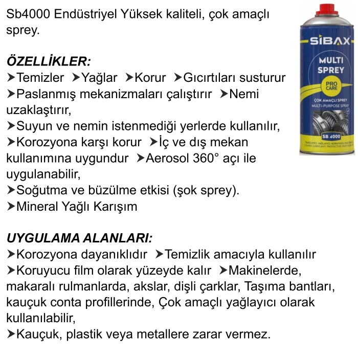 SİBAX Çok Amaçlı Bakım Spreyi 400ml SB4000 4 ADET-Temizler-Yağlar-Korur-Gıcrtıları keser-Pası çözer