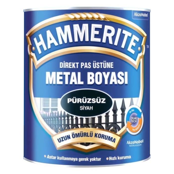 HAMMERİTE Direk Pas Üstüne Metal Boyası 0.75LT Pürüzsüz Siyah-Astara Antipasa gerek kalmaz