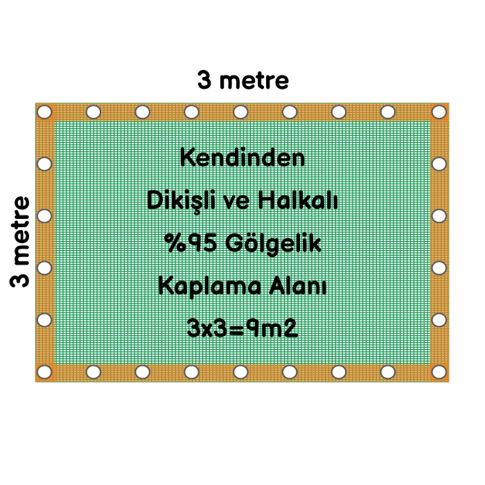 Hazır Halkalı Gölgelik %95 3mx3m=9m2-Montajı İçin 10 metre 3mm halat hediye-Montajı Kolay