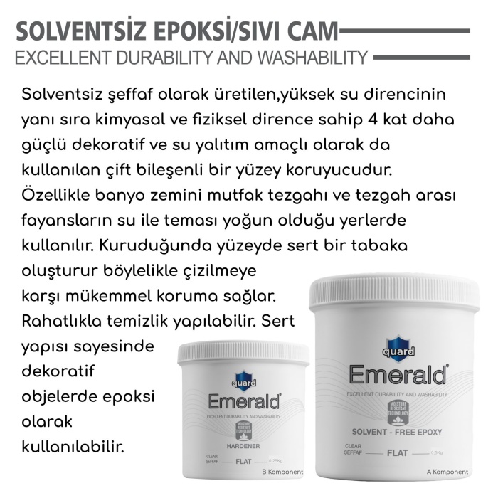 Solventsiz Epoksi/Sıvı Cam 0.50Kg+0.25Kg Şeffaf-Parlak-Dekoratif Amaçlı-Su Yalıtımı-Kimyasala Dayanr