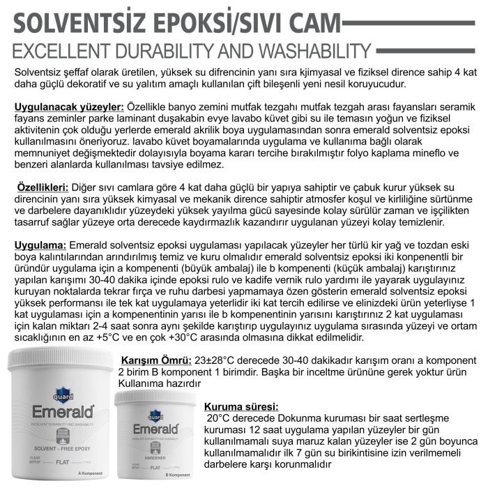 Solventsiz Epoksi/Sıvı Cam 0.50Kg+0.25Kg Şeffaf-Parlak-Dekoratif Amaçlı-Su Yalıtımı-Kimyasala Dayanr