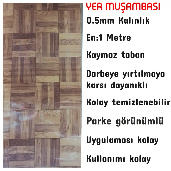 Yer Zemin Kaplaması Muşamba 0.6mm Kare Parke Desen-3 Metre-Darbeye yırtılmaya dayanıklı-Kaymaz taban