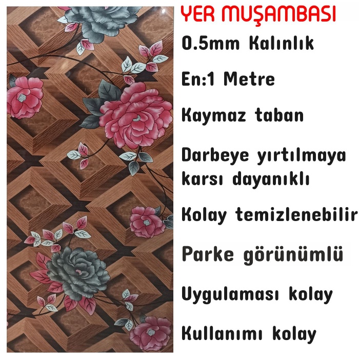 Yer Zemin Kaplaması Muşamba 0.6mm Çiçek Parke Desen-4 Metre-Yırtılmaya dayanıklı-Kaymaz pvc taban