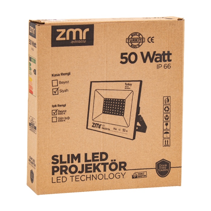 Zmr 50 Watt 6500k Ip66 150* Işık Açısı 220 Volt Siyah Slim Kasa Led Projektör (4549)