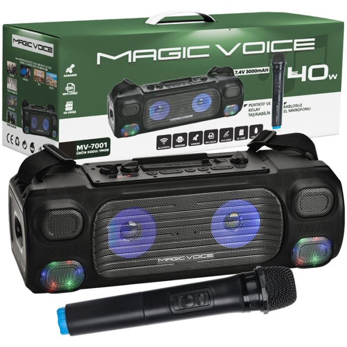 MAGICVOICE MV-7001 VHF EL MİK USB/SD/BT/UK 40 WATT IŞIKLI TAŞINABİLİR ŞARJLI  SEYYAR ANFİ (4549)