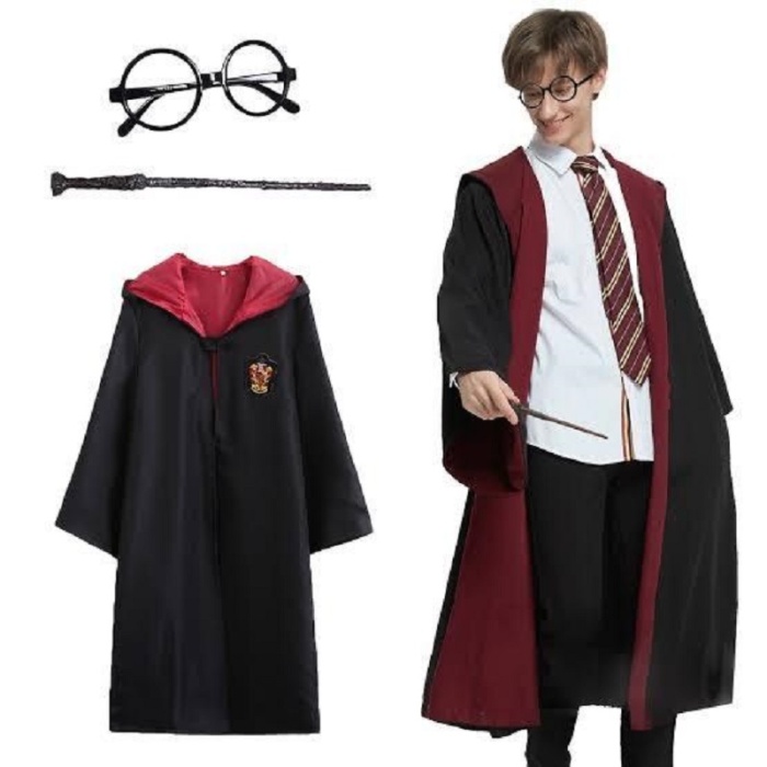 Harry Potter Gryffindor Kapişonlu Çocuk Kostüm + Asa + Gözlük Seti 9-10 Yaş