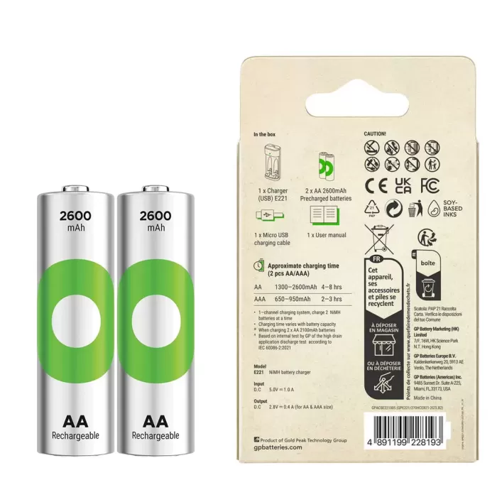 GP RECYKO E221 2 X 2600 MAH R6 AA PİLLİ PİL ŞARJ CİHAZI (GP-E221/270AHCER21-2GTLB2) (4172)