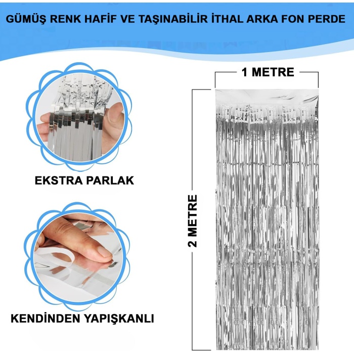 Gümüş Renk Ekstra Metalize Parlak Saçaklı Arka Fon Perde İthal A Kalite 1x2 Metre (K0)