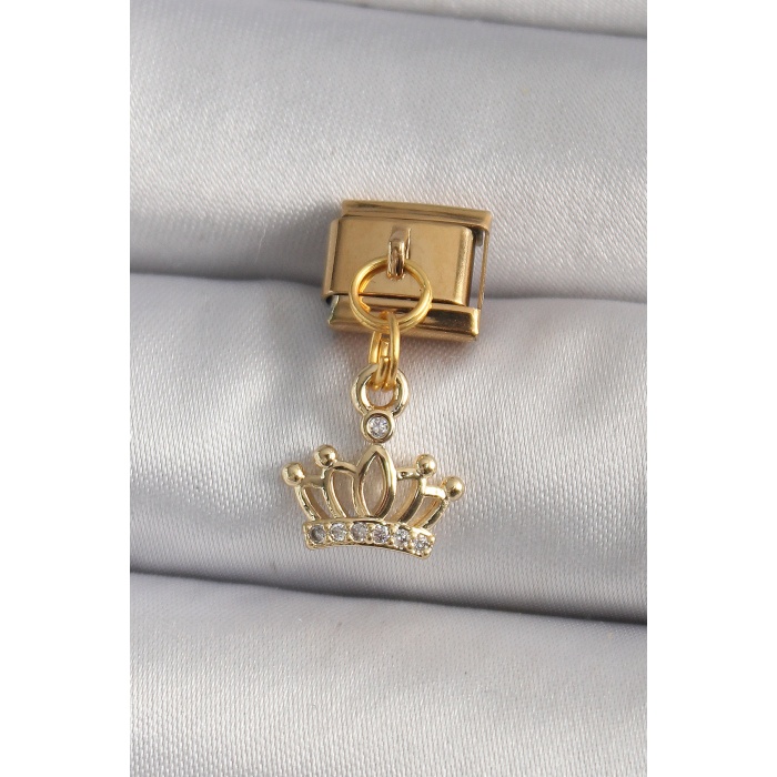 316L Çelik Gold Renk Sallantı Zirkon Taşlı Taç Model Nomination Charm - TJ-BC1186