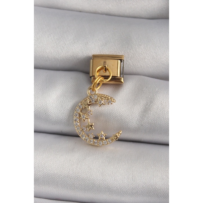 316L Çelik Gold Renk Sallantı Zirkon Taşlı Hilal Model Nomination Charm - TJ-BC1192