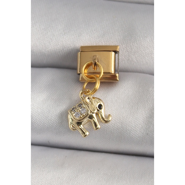 316L Çelik Gold Renk Sallantı Zirkon Taşlı Fil Model Nomination Charm - TJ-BC1194