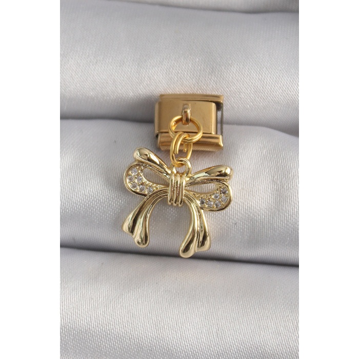 316L Çelik Gold Renk Sallantı Zirkon Taşlı Fiyonk Model Nomination Charm - TJ-BC1200