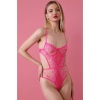 Kadın Neon Pembe Transparan Dantel Detaylı Bodysuit Seksi Brode İç Çamaşırı