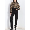 Desenli 3 İplik Crop Sweat Leopar