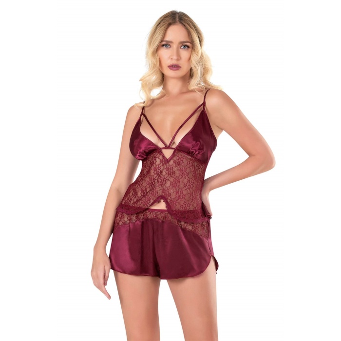 Beruflic  Bordo Saten Babydoll Şort Takımı