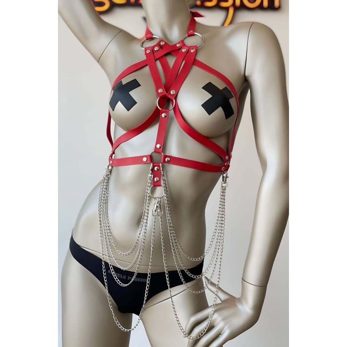 Kırmızı Göğüs Üzeri Seksi Erotik Harness