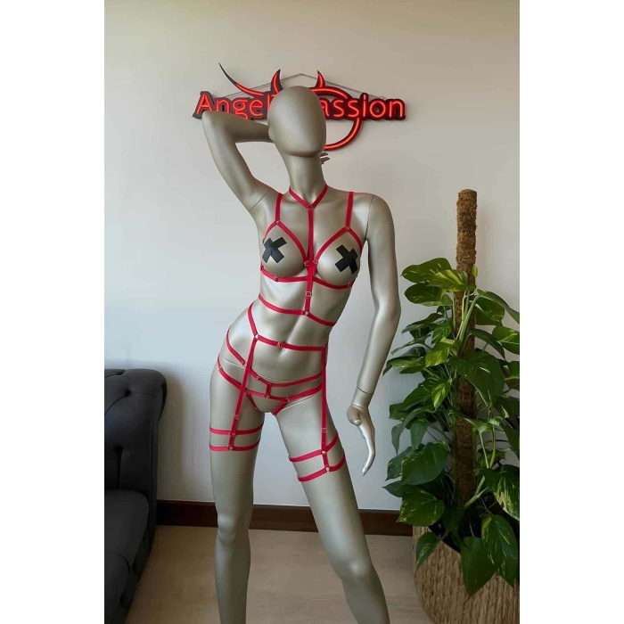 Kırmızı Lastik Seksi Body Harness Takım