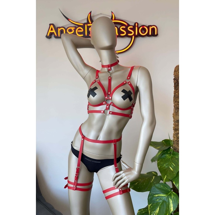 Kırmızı Deri Göğüs Üzeri Harness ve Jartiyer Harness