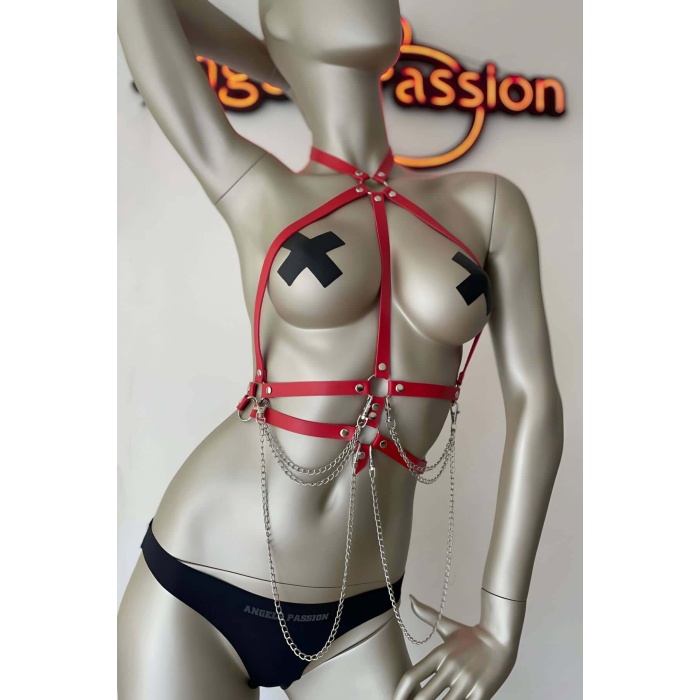 Kırmızı ve Zincir Detaylı Şık Deri Harness - BRF3