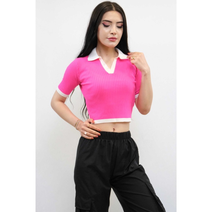 Beruflic Renkli Yaka Triko Crop Pembe