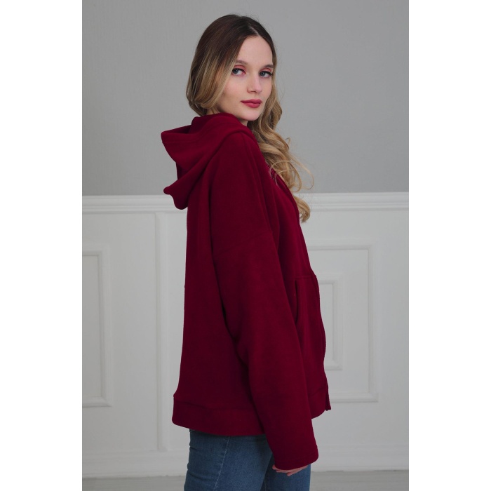 Kapüşonlu Fermuarlı Cepli Polar Sweatshirt,SW-3 Bordo