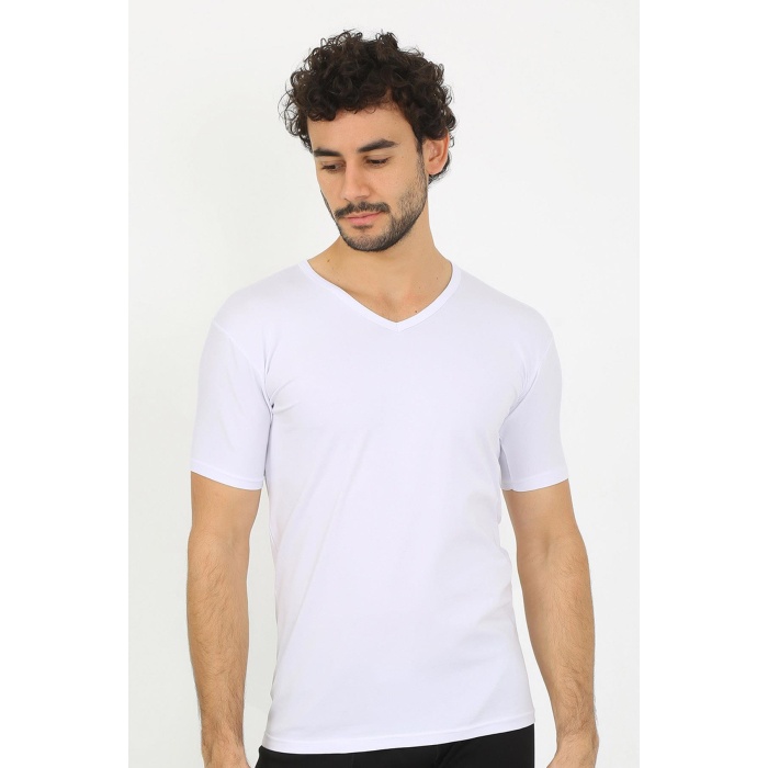 Beruflic Erkek Likralı V Yaka Beyaz T-Shirt 65700