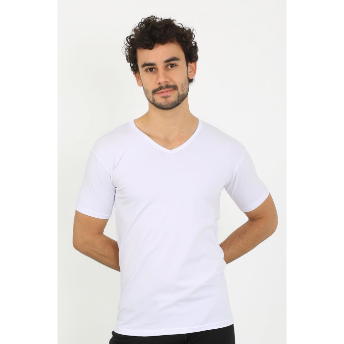 Beruflic Erkek Likralı V Yaka Beyaz T-Shirt 65700