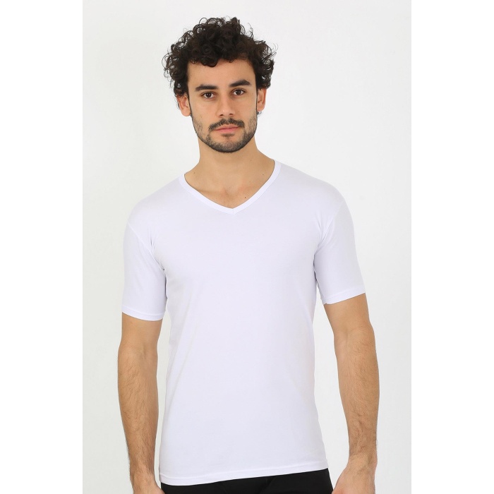 Beruflic Erkek Likralı V Yaka Beyaz T-Shirt 65700