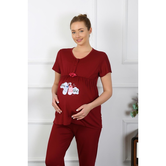 Beruflic Kadın Kısa Kol Hamile Lohusa Pijama Takımı Bordo 45210