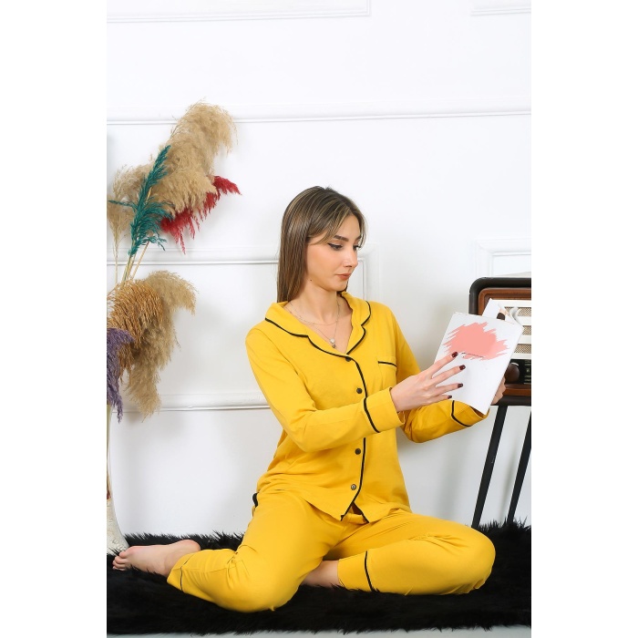 Beruflic Kadın Pamuk Penye Önden Düğmeli Uzun Kol Sarı Pijama Takım 2782
