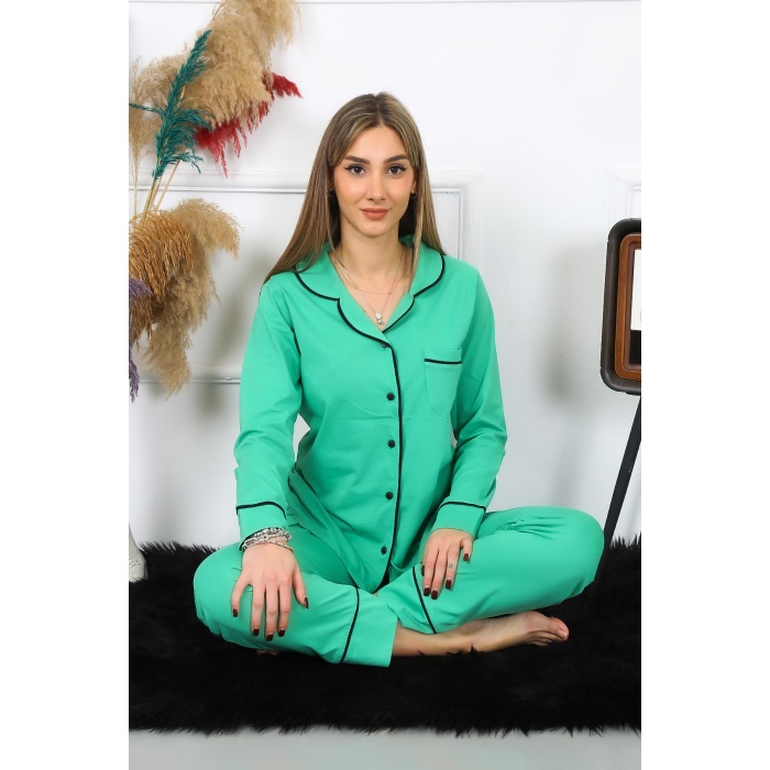 Beruflic Kadın Pamuk Penye Önden Düğmeli Uzun Kol Yeşil Pijama Takım 2782