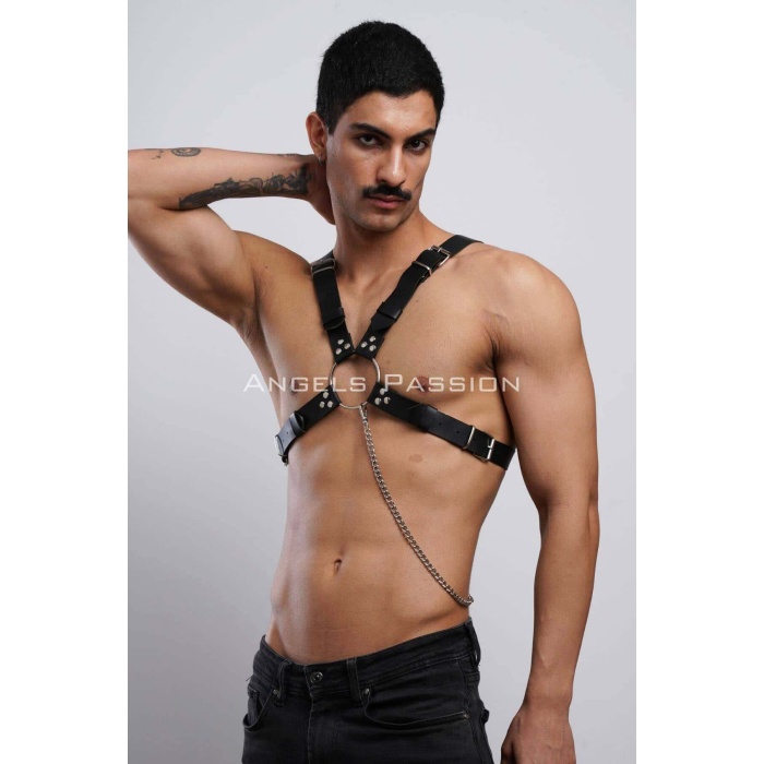 Zincir Detaylı Deri Erkek Göğüs Harness, Partywear, Clubwear - BRFM95