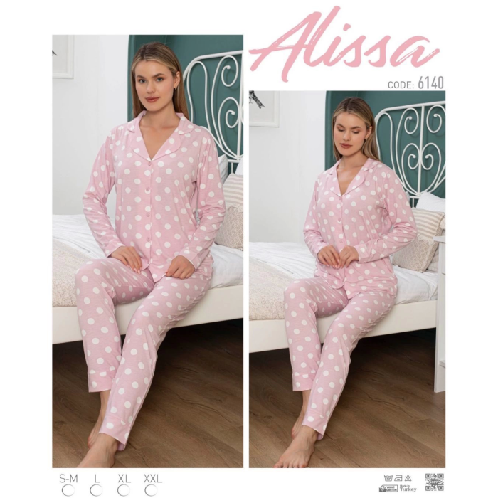 Alissa 6140 Bayan Pudra Puanlı Patlı Uzun Kol Pijama Takımı